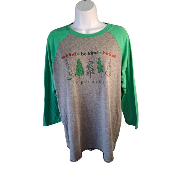 Next Level Be Kind Christmas Graphic Raglan Shirt L Gray Green Long Sleeve Tee - Picture 1 of 7